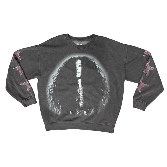 H.E.R. HER Charcoal Gray Pink Star Rhinestone Crew Neck Oversize Sweatshirt sz S - Picture 2 of 8
